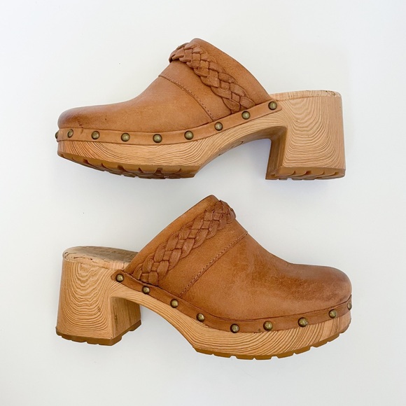 Kork-Ease Shoes - Kork Ease Tilly Clogs Tan Braided Leather Studded Heeled Slip On Wood Mules